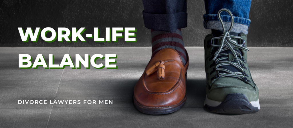 Work-life balance. Person wearing a work shoe and a casual shoe.